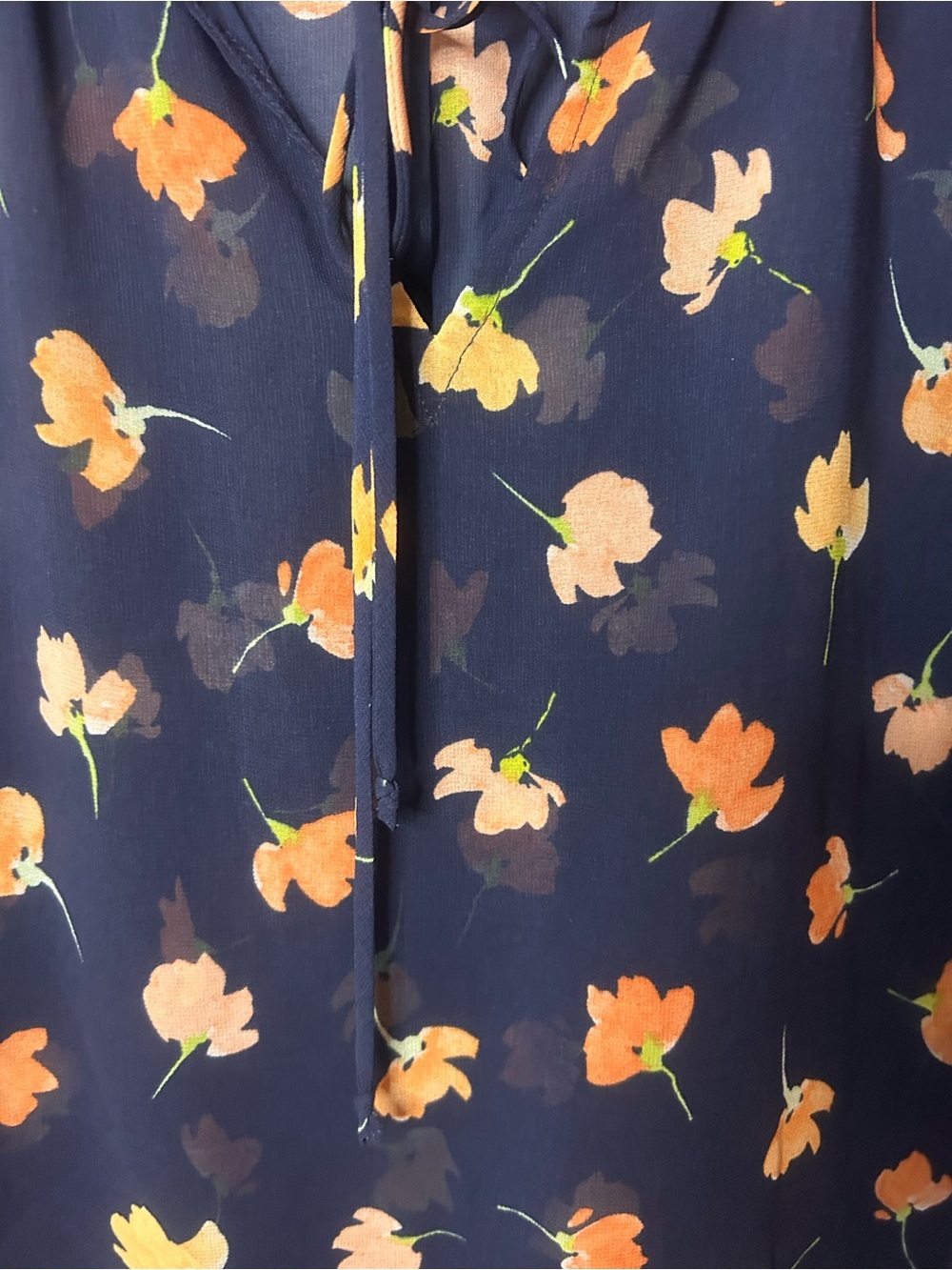 Cabi Navy Sheer Floral Ruffle Sleeve Blouse Small Tie Neck - Picture 8 of 11